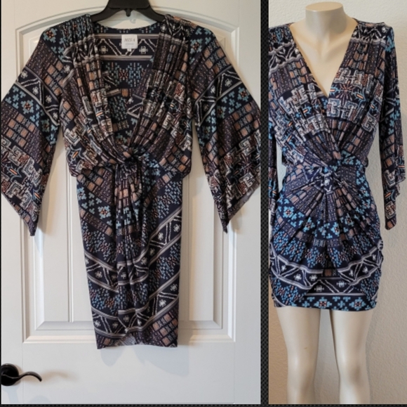 Misa Teget Twist Knot Navy Geometric Print Bodycon Mini Dress Sz S - Picture 1 of 10